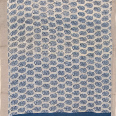 Off White Handwoven Linen Saree With Flower Motifs in Blue Print-Off White