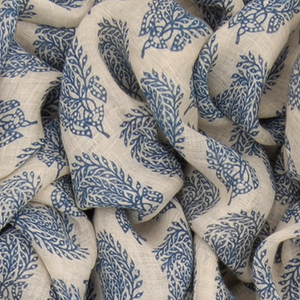 Off White Handwoven Linen Saree With Flower Motifs in Blue Print-Off White