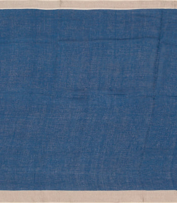 Off White Handwoven Linen Saree With Flower Motifs in Blue Print-Off White