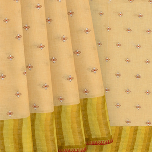 Beige Handwoven Linen Saree With Butta & Contrast Yellow Border & Pallu-Beige