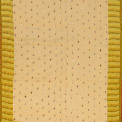 Beige Handwoven Linen Saree With Butta & Contrast Yellow Border & Pallu-Beige