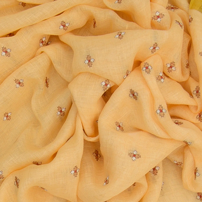 Beige Handwoven Linen Saree With Butta & Contrast Yellow Border & Pallu-Beige