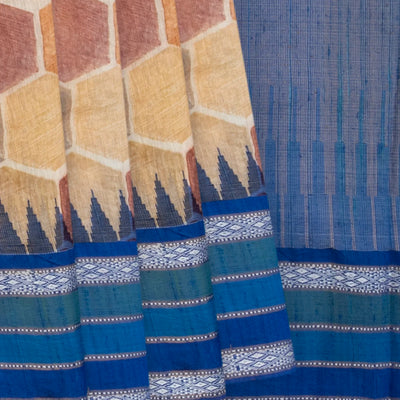 Beige Tussar Gitcha linen Printed Silk Saree With Maroon Border-Beige