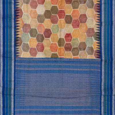 Beige Tussar Gitcha linen Printed Silk Saree With Maroon Border-Beige