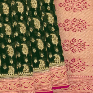 Bottle Green Banarasi Khaddi Georgette Saree With Mango Motifs-Bottle Green