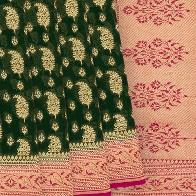 Bottle Green Banarasi Khaddi Georgette Saree With Mango Motifs-Bottle Green