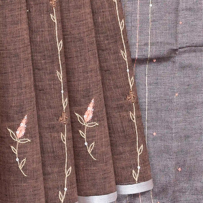 Brown Handloom Linen Saree With Floral Vine Embroidery-Brown