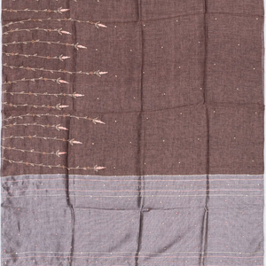 Brown Handloom Linen Saree With Floral Vine Embroidery-Brown