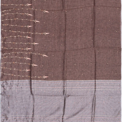 Brown Handloom Linen Saree With Floral Vine Embroidery-Brown