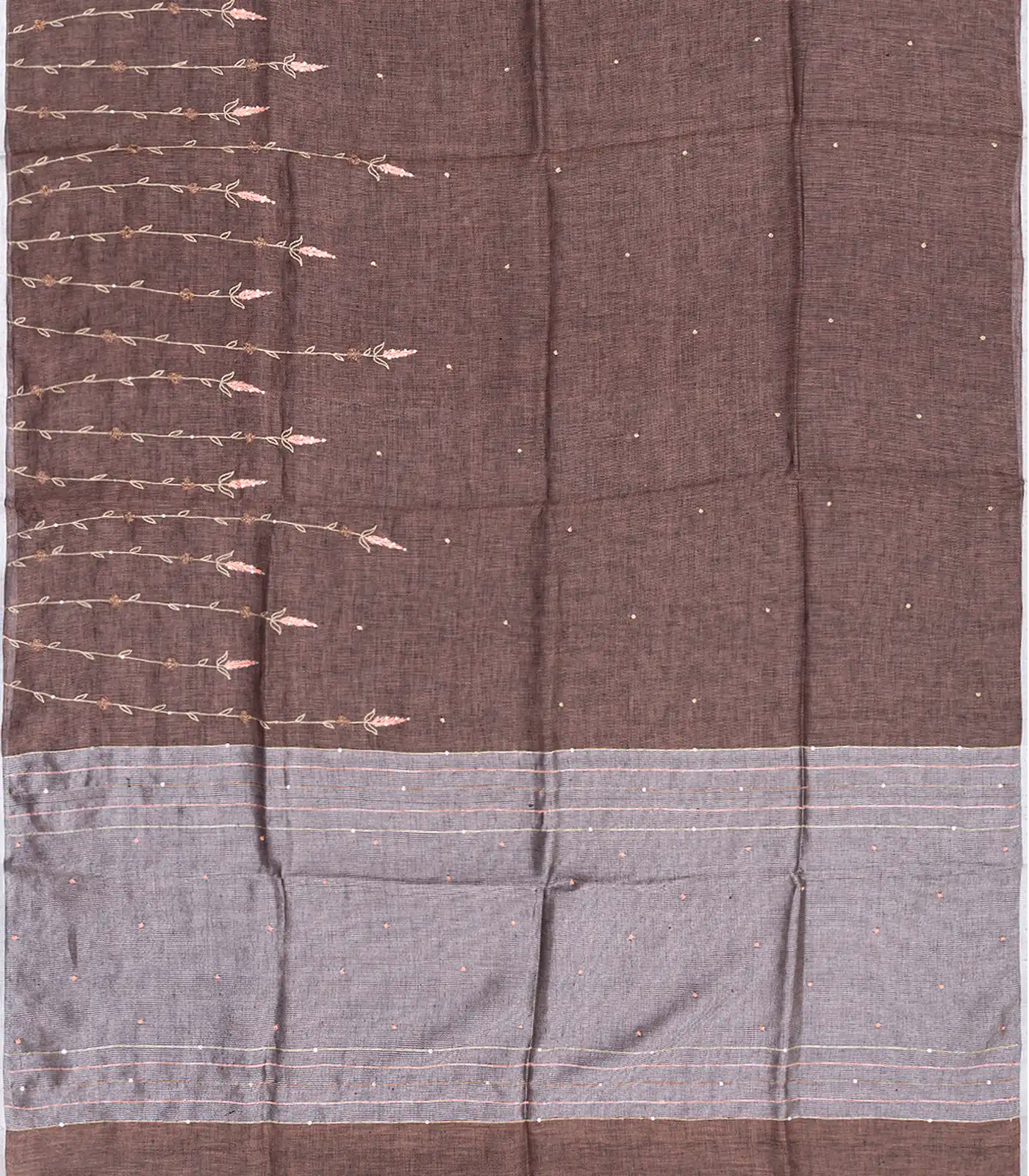 Brown Handloom Linen Saree With Floral Vine Embroidery-Brown