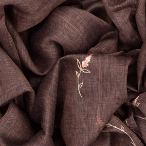 Brown Handloom Linen Saree With Floral Vine Embroidery-Brown
