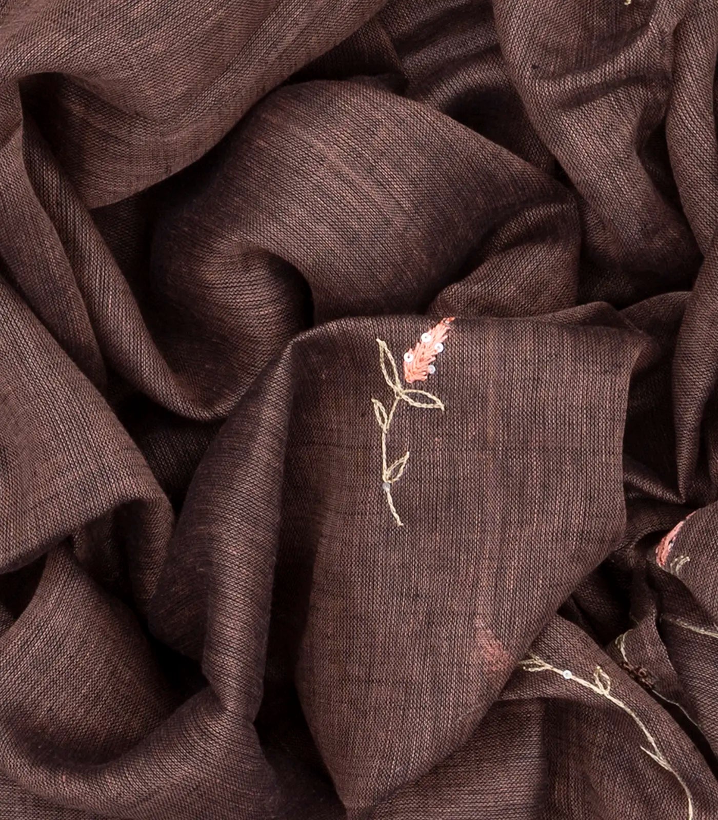 Brown Handloom Linen Saree With Floral Vine Embroidery-Brown