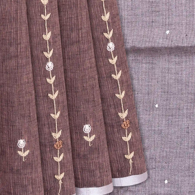Brown Handloom Linen Saree With Floral Stripes Embroidery-Brown