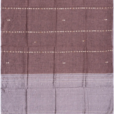 Brown Handloom Linen Saree With Floral Stripes Embroidery-Brown