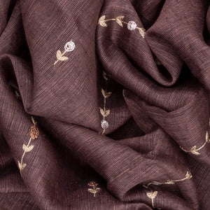 Brown Handloom Linen Saree With Floral Stripes Embroidery-Brown