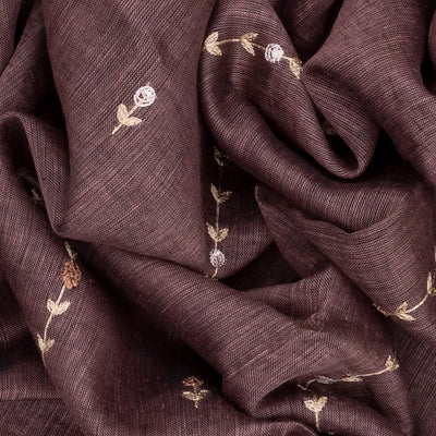 Brown Handloom Linen Saree With Floral Stripes Embroidery-Brown