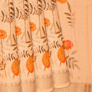 Cream Handloom Printed Linen Saree With Floral Motifs-Cream