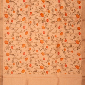 Cream Handloom Printed Linen Saree With Floral Motifs-Cream
