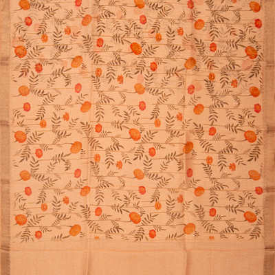 Cream Handloom Printed Linen Saree With Floral Motifs-Cream