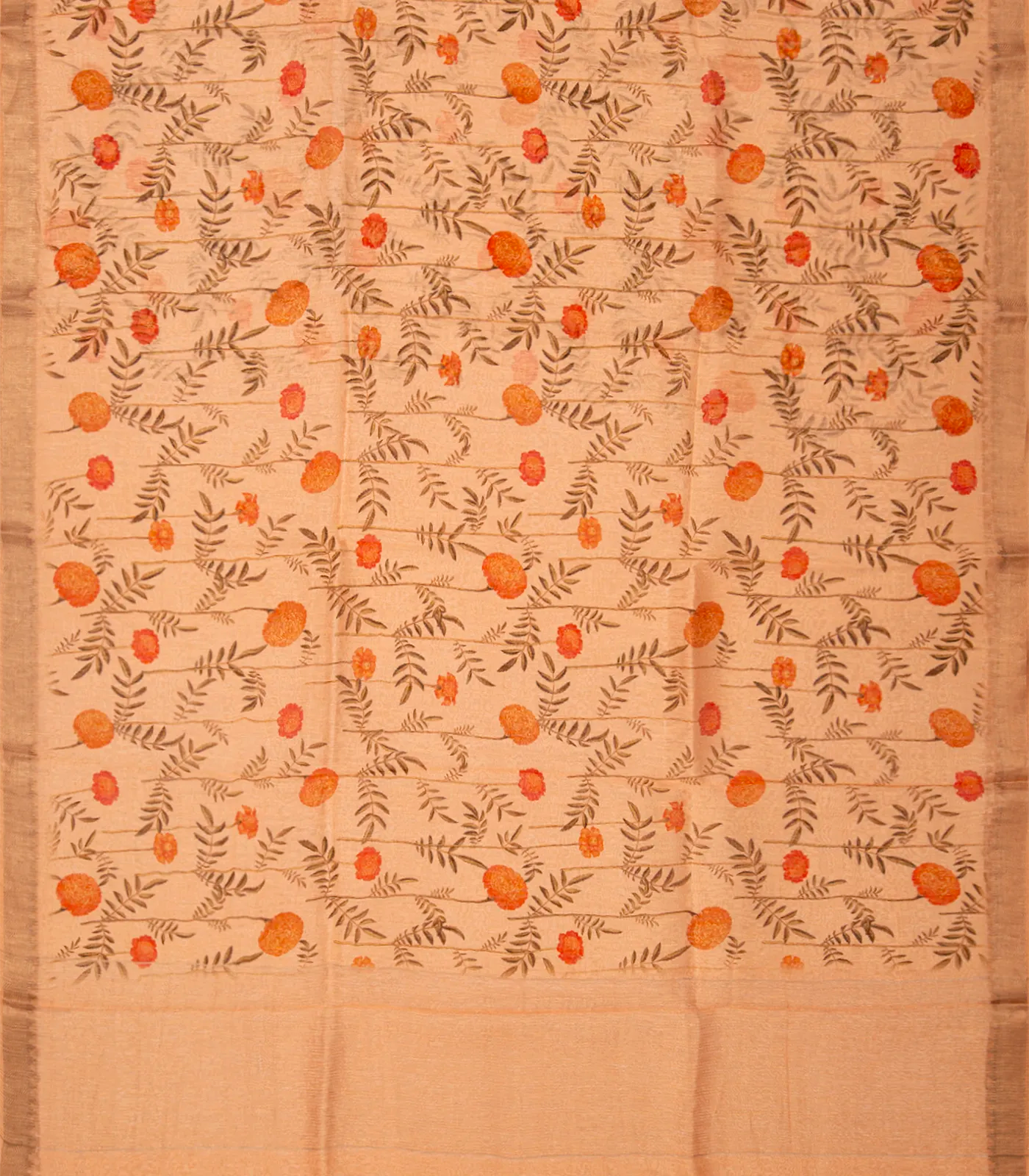 Cream Handloom Printed Linen Saree With Floral Motifs-Cream
