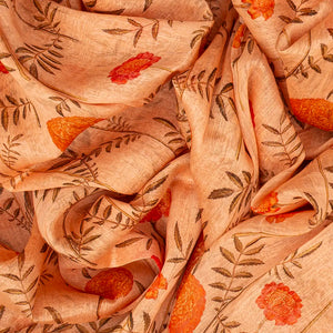 Cream Handloom Printed Linen Saree With Floral Motifs-Cream