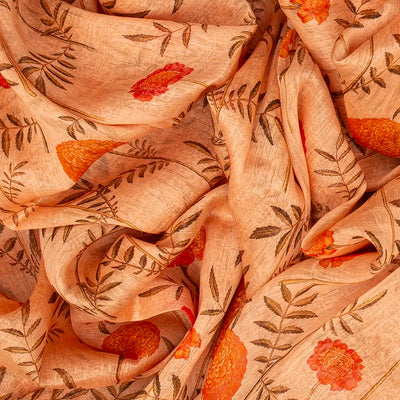 Cream Handloom Printed Linen Saree With Floral Motifs-Cream