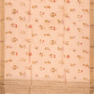 Baby Pink Handloom Printed Linen Saree With Floral Motifs-Baby Pink