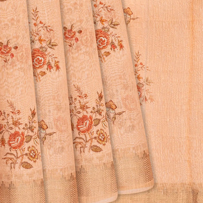 Baby Pink Handloom Printed Linen Saree With Rose Motifs-Baby Pink