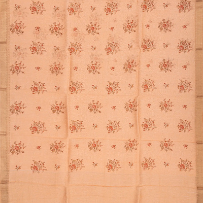 Baby Pink Handloom Printed Linen Saree With Rose Motifs-Baby Pink