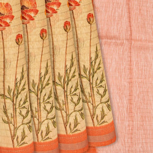 Yellow Handloom Linen Saree With Printed Floral Motifs-Yellow