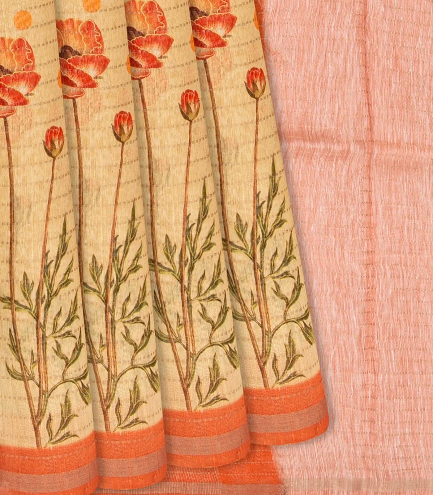 Yellow Handloom Linen Saree With Printed Floral Motifs-Yellow