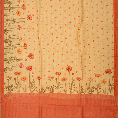 Yellow Handloom Linen Saree With Printed Floral Motifs-Yellow