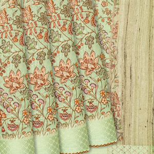 Pista Green Handloom Linen Saree With Printed Floral Motifs-Pista Green