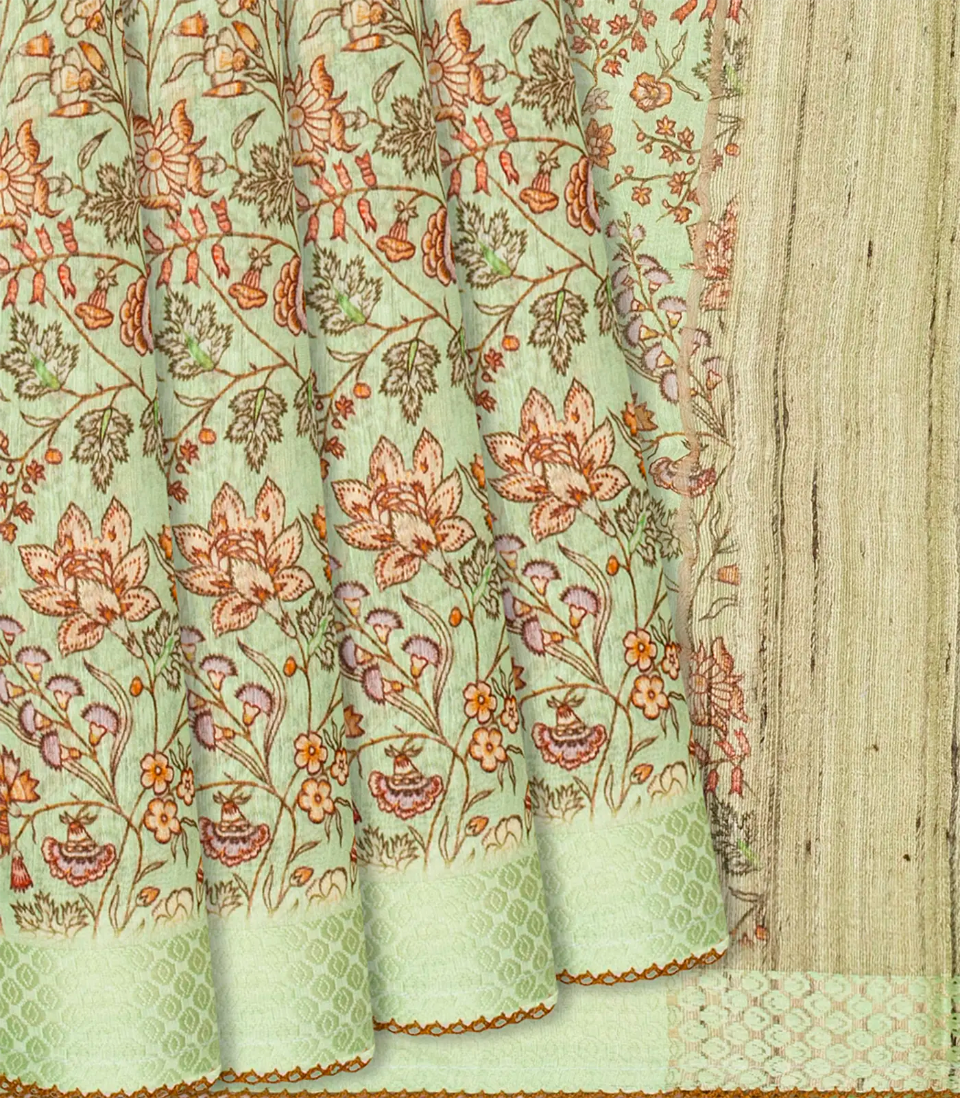 Pista Green Handloom Linen Saree With Printed Floral Motifs-Pista Green