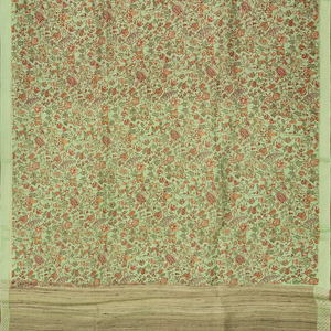 Pista Green Handloom Linen Saree With Printed Floral Motifs-Pista Green