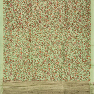 Pista Green Handloom Linen Saree With Printed Floral Motifs-Pista Green
