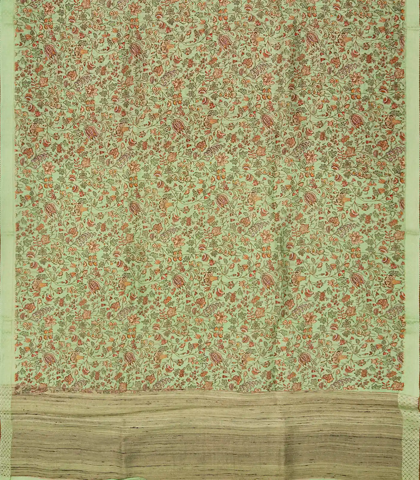 Pista Green Handloom Linen Saree With Printed Floral Motifs-Pista Green