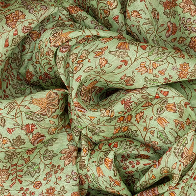 Pista Green Handloom Linen Saree With Printed Floral Motifs-Pista Green