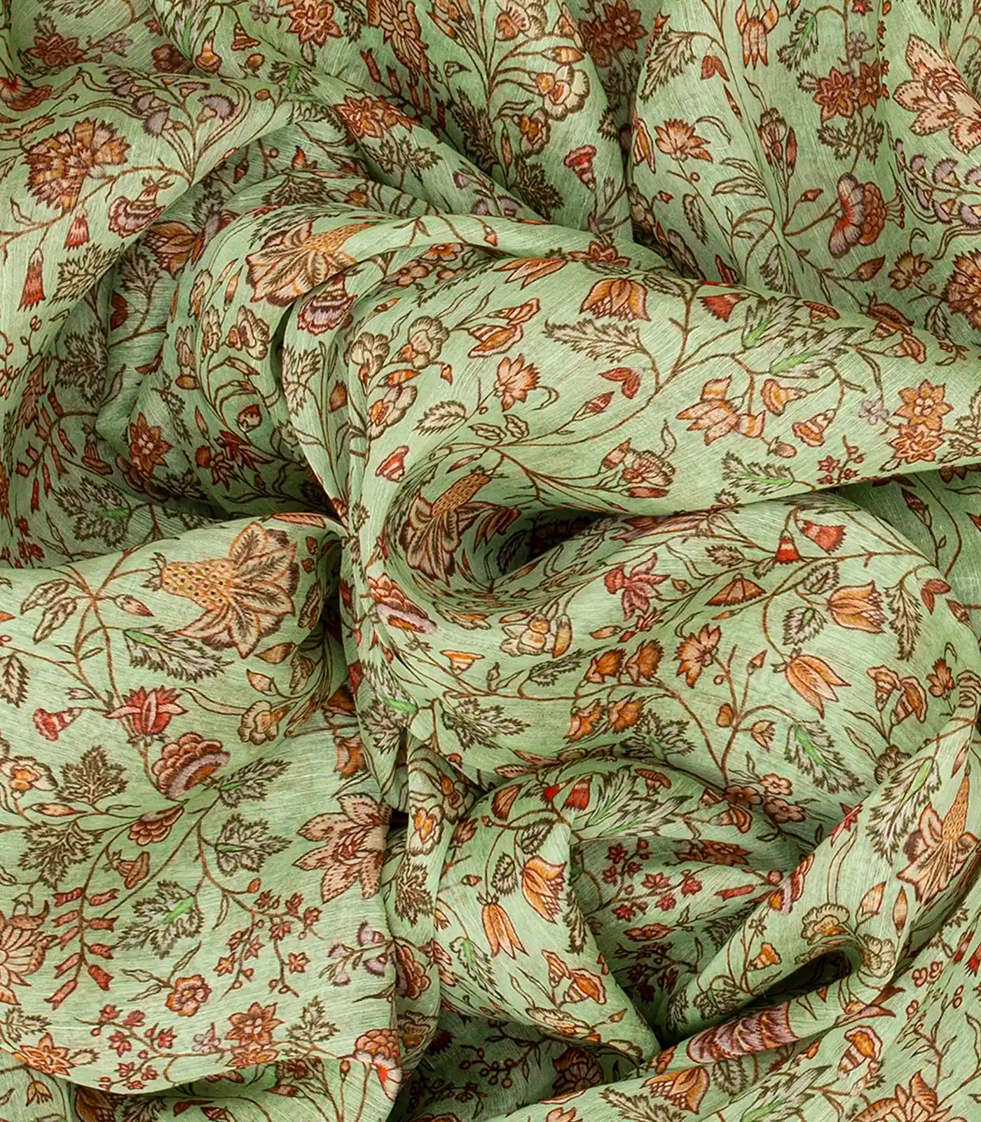 Pista Green Handloom Linen Saree With Printed Floral Motifs-Pista Green