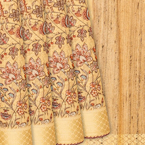 Sandal Handloom Linen Saree With Printed Floral Motifs-Sandal