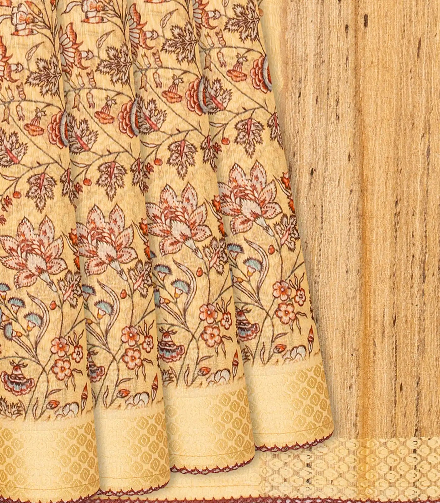Sandal Handloom Linen Saree With Printed Floral Motifs-Sandal