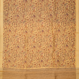 Sandal Handloom Linen Saree With Printed Floral Motifs-Sandal