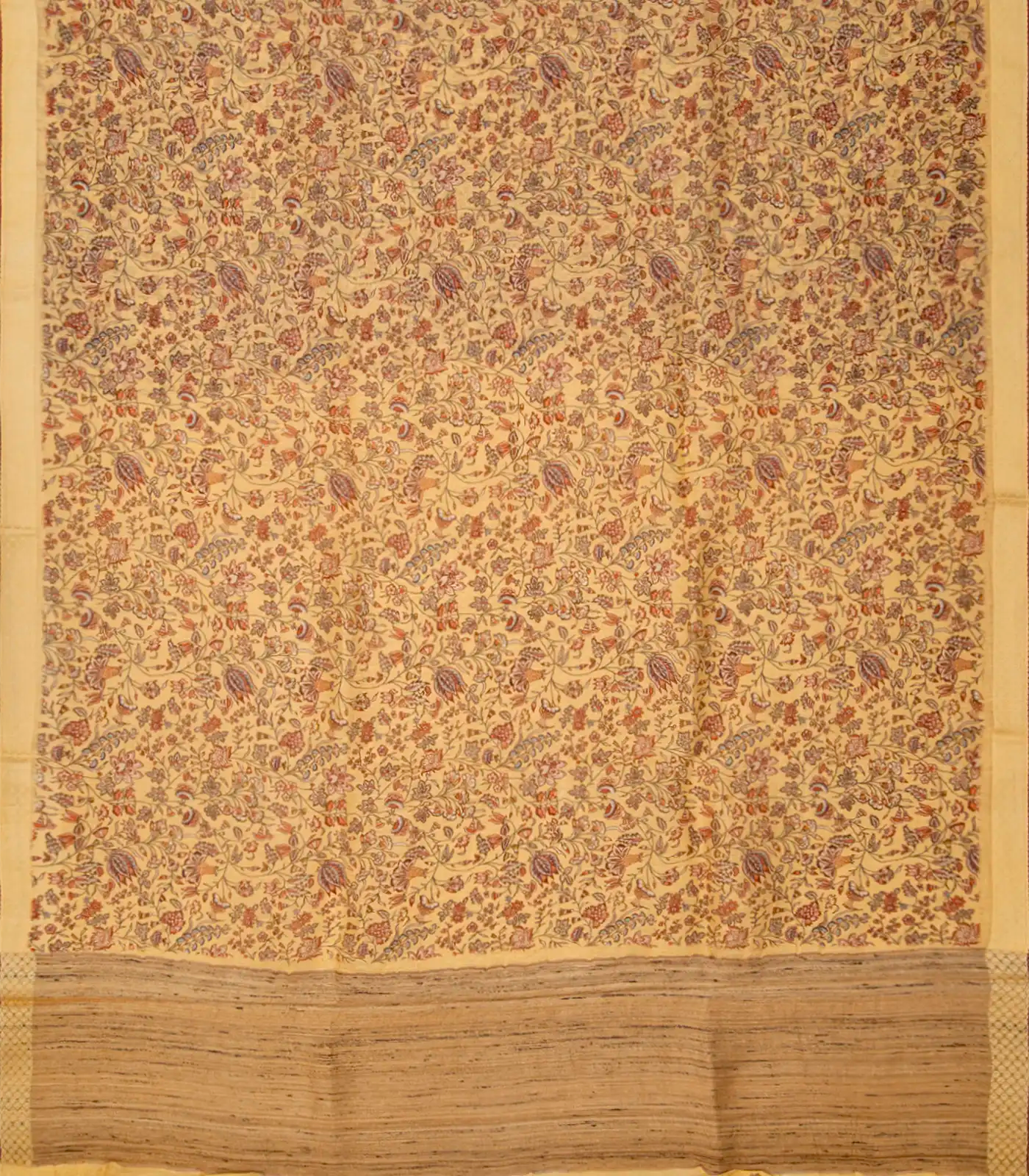 Sandal Handloom Linen Saree With Printed Floral Motifs-Sandal