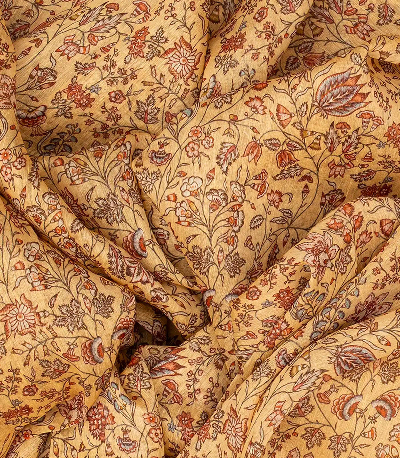 Sandal Handloom Linen Saree With Printed Floral Motifs-Sandal