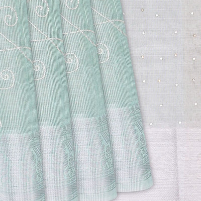 Mint Green Woven Linen Saree With Embroidered Floral Motifs-Mint Green