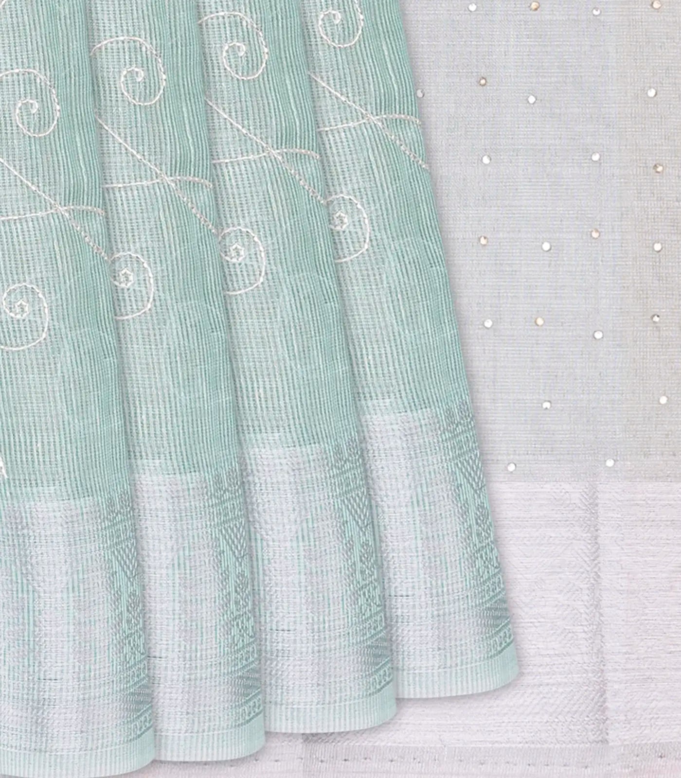 Mint Green Woven Linen Saree With Embroidered Floral Motifs-Mint Green