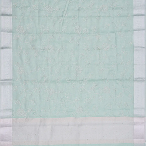Mint Green Woven Linen Saree With Embroidered Floral Motifs-Mint Green