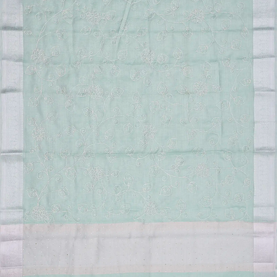 Mint Green Woven Linen Saree With Embroidered Floral Motifs-Mint Green