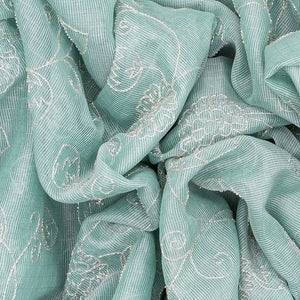 Mint Green Woven Linen Saree With Embroidered Floral Motifs-Mint Green