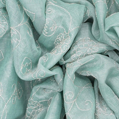 Mint Green Woven Linen Saree With Embroidered Floral Motifs-Mint Green